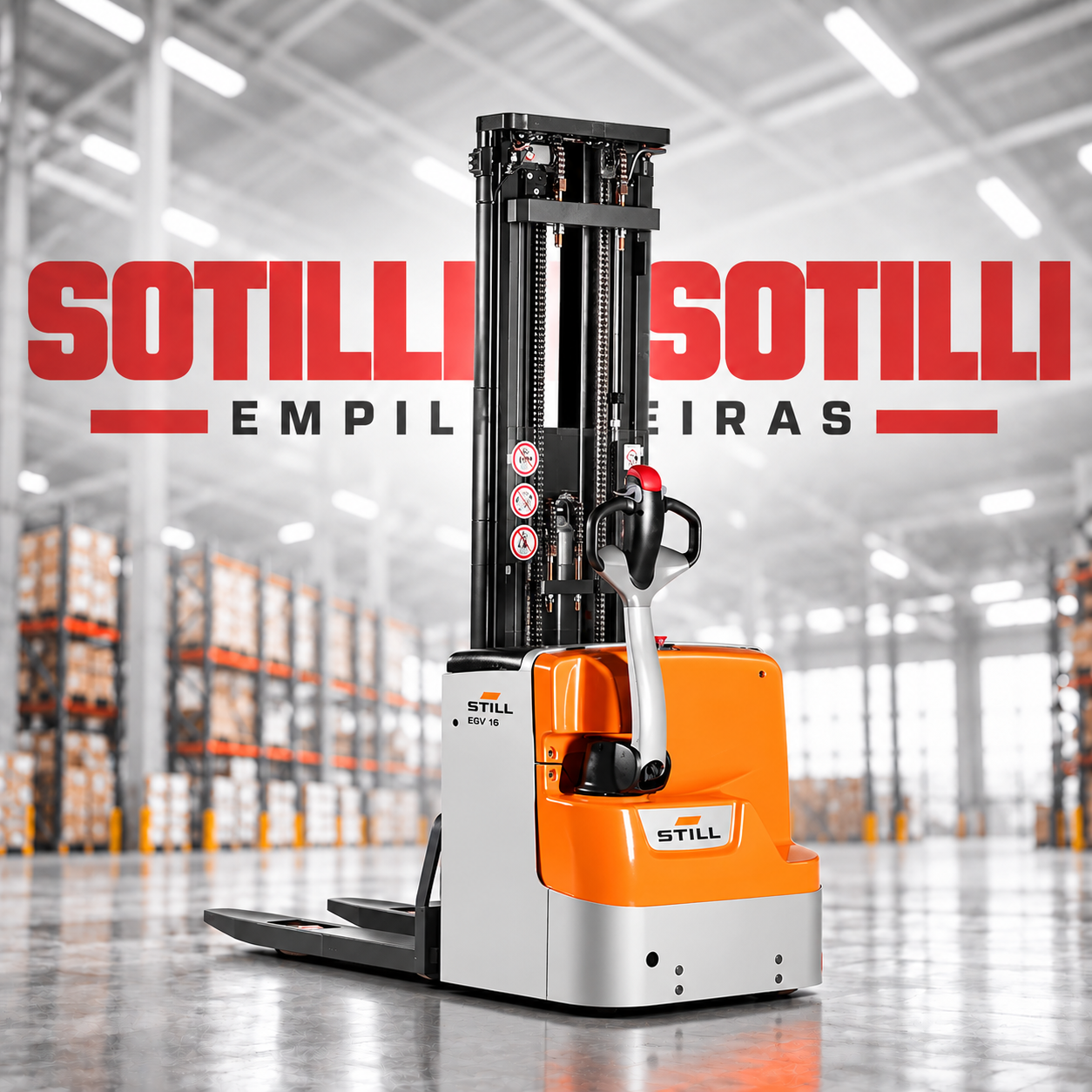 Empilhadeira patolada STILL em armazém industrial, com identidade visual da Sotilli